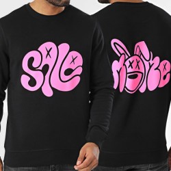 SALE MOME SWEAT CREWNECK LAPIN RECTO VERSO NOIR ROSE FLUO